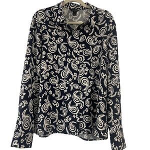 St John Navy White Paisley Silk Button Up Blouse Size 12